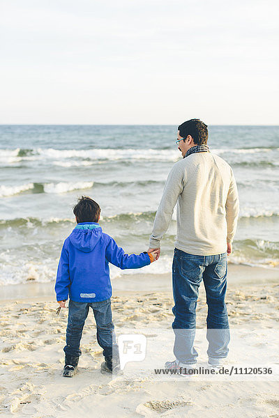 Schweden, Skane, Ahus, Aspet, Rückansicht von Vater und Sohn (8-9) am Strand