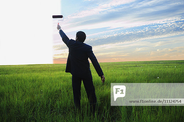 Businessman painting sky in field