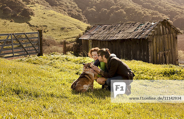 Ehepaar streichelt Hund in ländlicher Landschaft