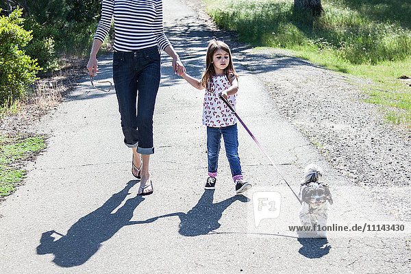 Mutter und Tochter gehen mit ihrem Welpen spazieren