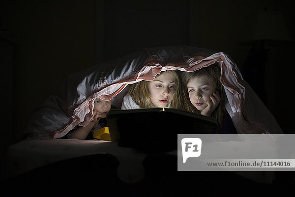 Kaukasische Schwestern benutzen Laptop in einer Decke für die Nacht