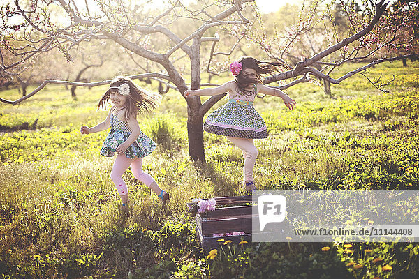 Girls playing in rural field Girls playing in rural field