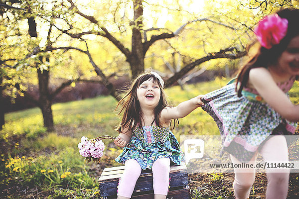 Smiling girls playing in orchard