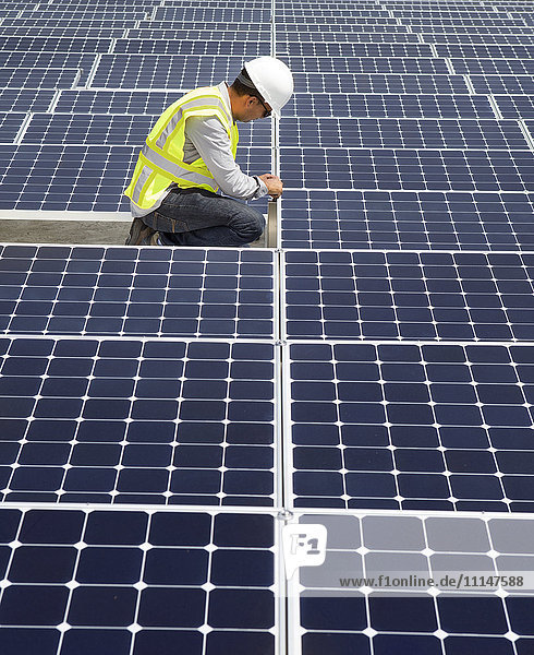 Asian technician working on solar panels