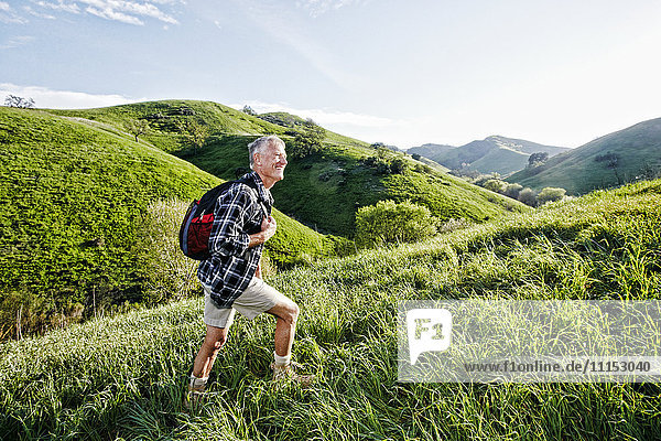 Älterer kaukasischer Mann  der auf einem grasbewachsenen Hügel spazieren geht