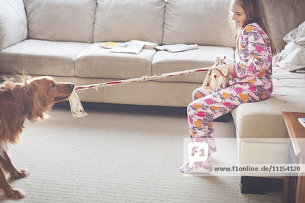 Kaukasisches Mädchen spielt mit Hund im Wohnzimmer