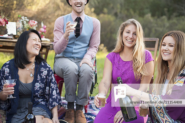 Freunde trinken Champagner beim Picknick im Park