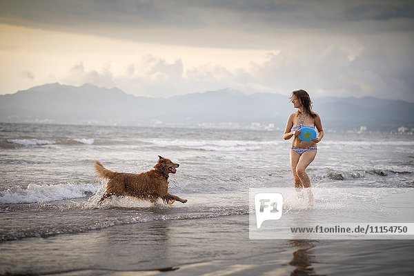 Mexiko  Nayarit  Junge Frau im Bikini beim Frisbee spielen mit ihrem Golden Retriever Hund am Strand
