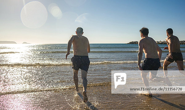 Friends running into the sea