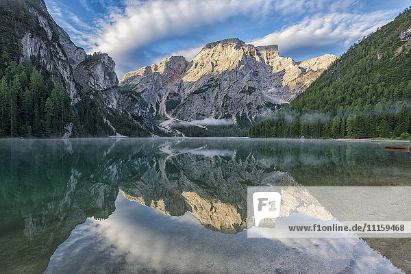Italy  South Tyrol  Dolomites  Croda del Becco mountain reflected on lake Braies