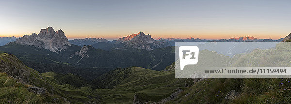 Italy  Dolomites  panoramic view of Monte Pelmo  Civetta and Marmolada at sunrise
