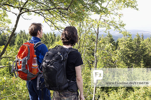 Germany  Harz  Brocken  back view of two friends with backpacks looking at view