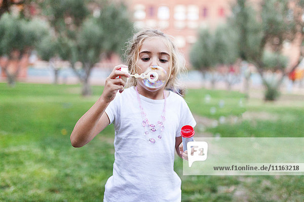 Little girl blowing soap bubbles in a park