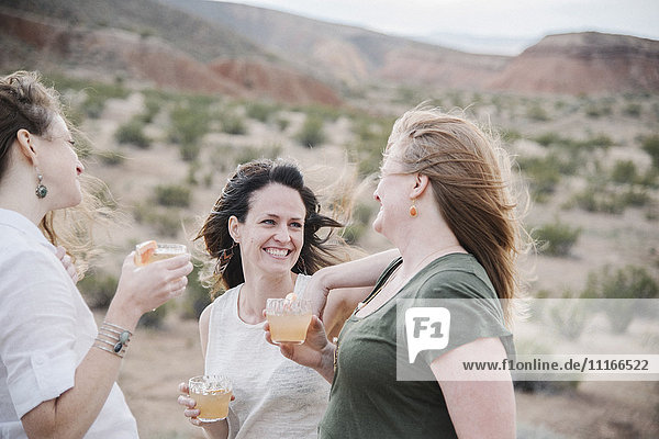 Drei Frauen stehen in einer Wüstenlandschaft.