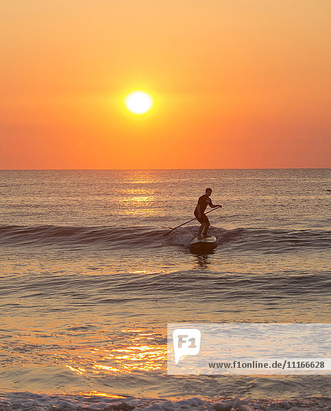 Silhouette of man paddleboarding on ocean waves