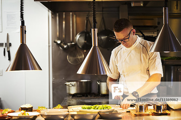 Chef standing in a restaurant kitchen  plating food.