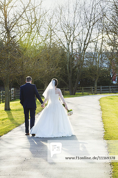 Braut und Bräutigam an ihrem Hochzeitstag  Arm in Arm einen Weg im Sonnenschein entlang schreitend  Rückansicht.