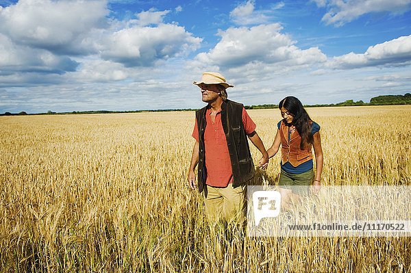 Ein Mann und eine Frau halten im Sommer auf einem Feld Händchen.