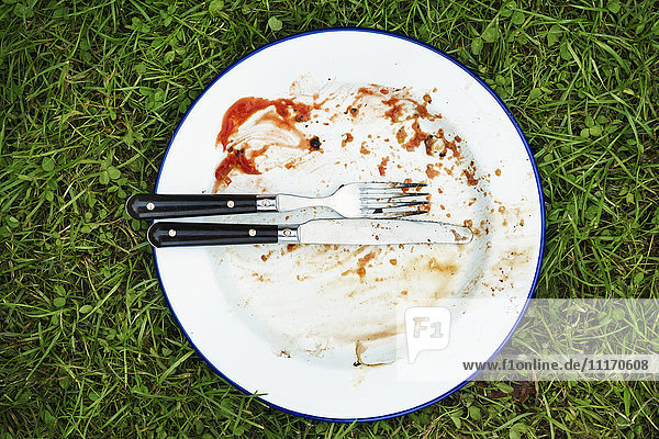 Hochwinkelaufnahme einer verschmutzten Platte mit Messer und Gabel auf einem Rasen.