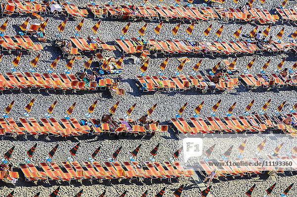 Italy  Campania  Positano  beach with sun loungers