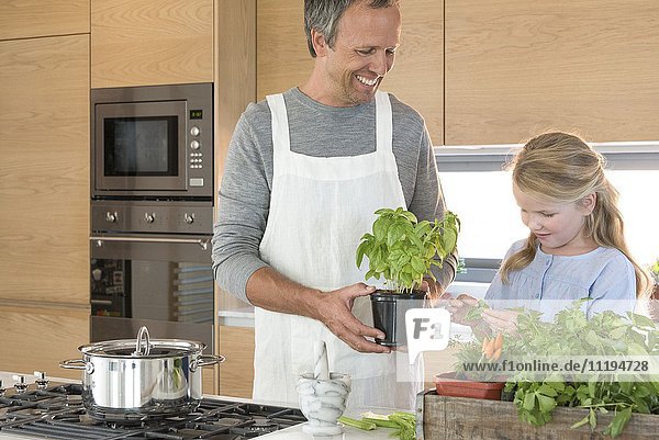 Kleines Mädchen und ihr Vater bereiten das Essen in der Küche zu.