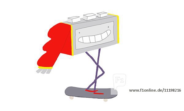 Animation einer Kassettenfigur auf einem Skateboard