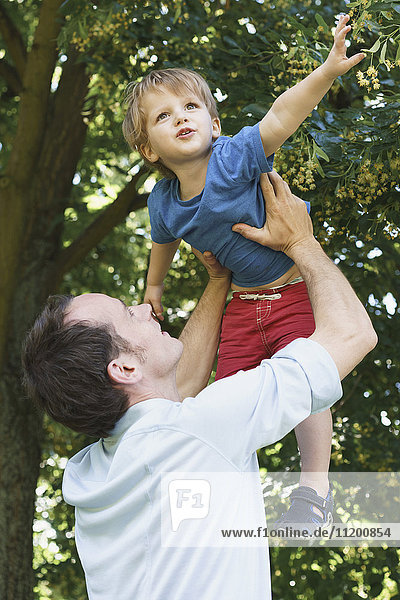 Low angle view of father lifting son against tree