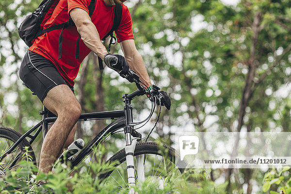 Low section of man with mountain bike in forest