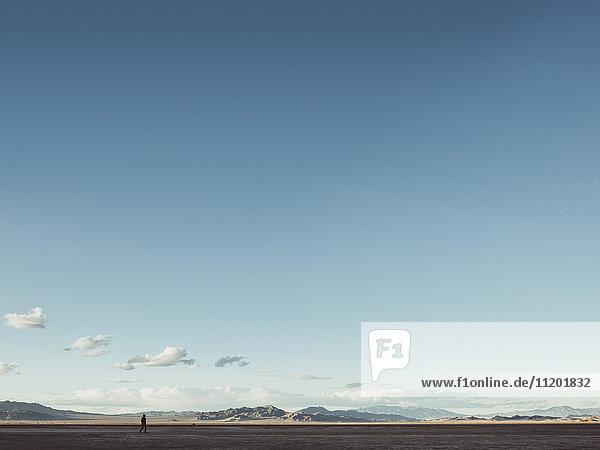 Fernsicht des Menschen,  der auf dem Feld durch Berge gegen den Himmel geht,  Zzyzx,  Kalifornien,  USA