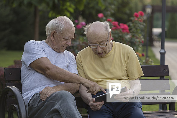 Älterer Mann  der auf eine Parkbank zeigt und einem Freund zeigt.