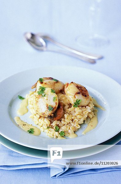 Scallops with wheat risotto and cider butter