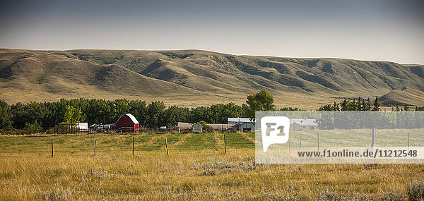 Präriefarmen mit Hügeln im Hintergrund; Saskatchewan  Kanada'.
