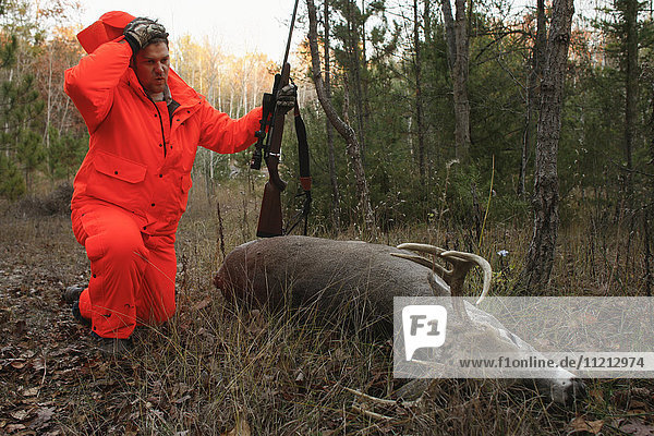 Whitetail Deer Hunter hält zum Ausruhen an  während er einen toten Hirsch schleppt