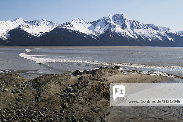 Scenic view of Turnagain Arm and an incoming bore tide  Southcentral Alaska  USA