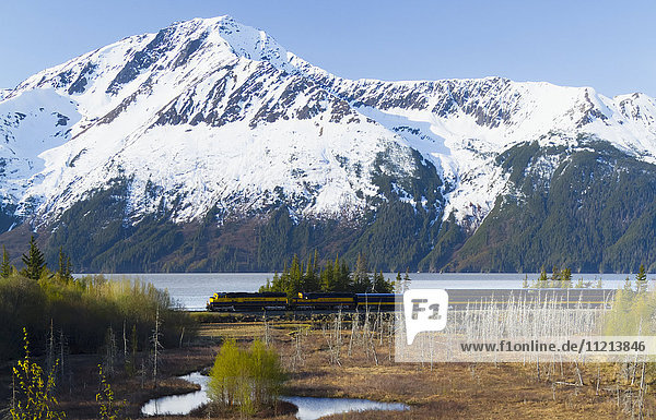Blick auf die schneebedeckten Berge in der Nähe von Bird Point  als der Personenzug der Alaska Railroad vorbeifährt  Süd-Zentral-Alaska  USA