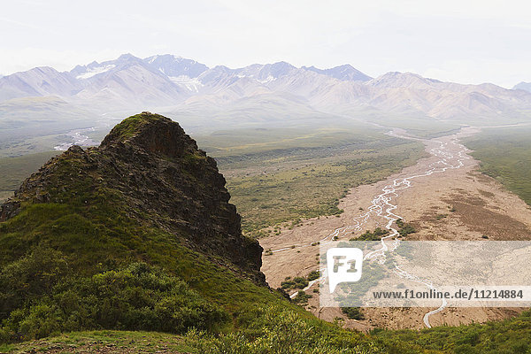 'View from park road of Marmot Rock in Polychrome Pass  Denali National Park and Preserve  interior Alaska in summertime; Alaska  United States of America'