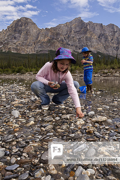 'Young girls collecting stones in shallow water in middle fork of Koyukuk River  Sukakpak Mountain in background  Brooks Range  Dalton Highway; Alaska  United States of America'