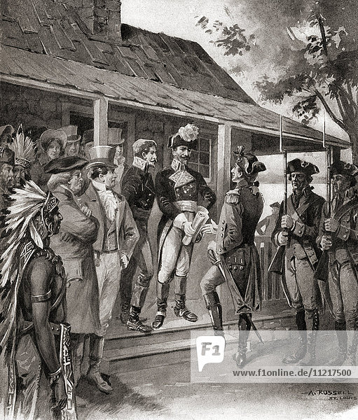 The formal transfer of ownership of Upper Louisiana from Spain to the French First Republic and then from France to the United States March 10 1804. This act finalized the Louisiana Purchase the acquisition of the Louisiana territory (828 000 square miles) by the United States from France in 1803. From The History of Our Country published 1900.