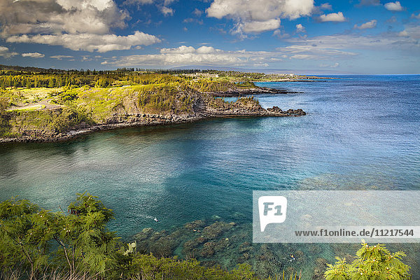 Schnorchler in der Honolua Bay  mit dem Ritz Carlton Hotel und der Insel Lanai im Hintergrund; Maui  Hawaii  Vereinigte Staaten von Amerika