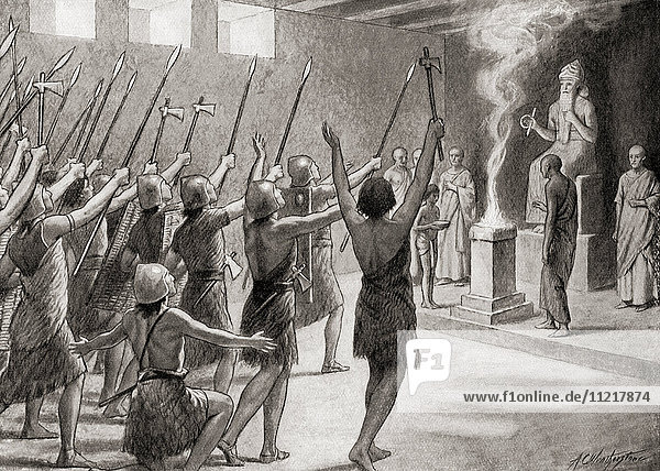Utu-hengal imploring gods for victory in battle against the Gutians 22nd century BC. Utu-hengal also written Utu-heg?al Utu-he?al Utu-hegal or Utu-hejal. Sumerian king. From Hutchinson's History of the Nations published 1915.