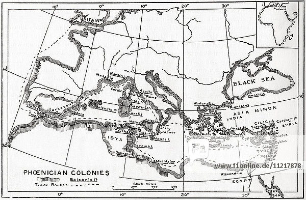 Map of Phoenician trade routes and colonies circa 1000 BC. From Hutchinson's History of the Nations  published 1915.