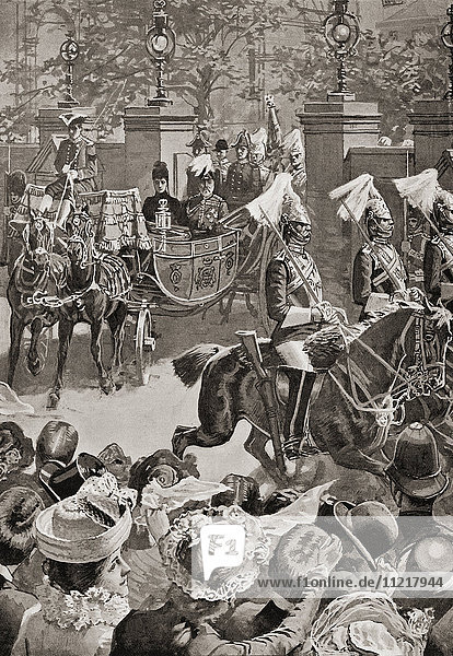 König Edward VII. und seine Frau Alexandra von Dänemark beim Verlassen von Marlborough House  London  England  Ende des 19. Jahrhunderts. Aus Living London  veröffentlicht ca. 1901