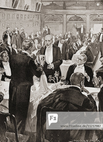 'A ''Grand Night'' toast at Gray's Inn  London  England. The Benchers' table  said to have been a gift from Elizabeth I  and as a result the only public toast in the Inn up until the late 19th century was ''to the glorious  pious and immortal memory of Queen Elizabeth''. From Living London  published c.1901'