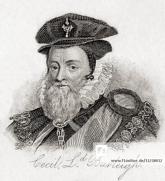 William Cecil  1st Baron Burghley  sometimes spelt Burleigh  1520 – 1598. English statesman  chief advisor of Queen Elizabeth I for most of her reign  twice Secretary of State and Lord High Treasurer. From Crabb's Historical Dictionary  published 1825.