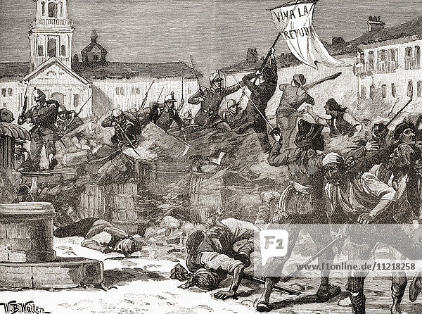 Ein republikanischer Aufstand in Malaga  Spanien  während der Glorreichen Revolution (La Gloriosa  1868-1873). Aus der Jahrhundertausgabe von Cassell's History of England  veröffentlicht um 1900