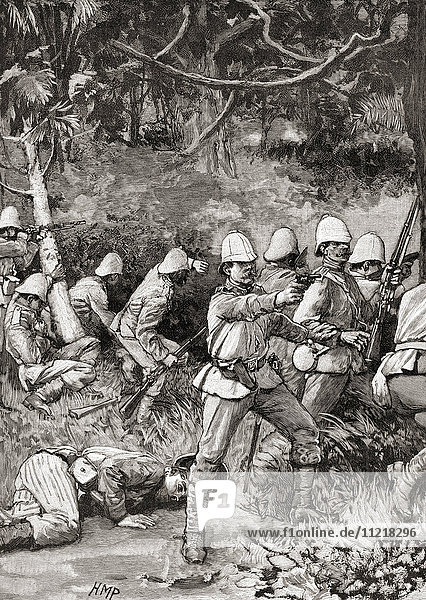 Einmarsch der britischen Armee in Coomassie  auch Comassie oder Kumasi genannt  während des Dritten Anglo-Ashanti-Krieges im Jahr 1873. Aus der Jahrhundertausgabe von Cassell's History of England  veröffentlicht um 1900