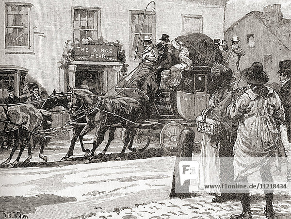 Die Ankunft der Postkutsche  1837. Aus der Jahrhundertausgabe von Cassell's History of England  veröffentlicht um 1900
