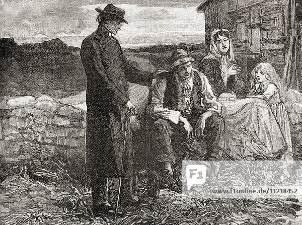 Vater Mathew tröstet eine von der Hungersnot betroffene arme Familie in Irland im Jahr 1845. Theobald Mathew  1790-1856. Irisch-katholischer Abstinenzler und Reformer  im Volksmund bekannt als Father Mathew. Aus der Jahrhundertausgabe von Cassell's History of England  veröffentlicht um 1900