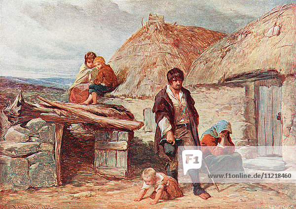 Eine irische Familie  die während der großen Hungersnot in Irland im Jahr 1850 aus ihrem Haus vertrieben wurde. Nach einem Gemälde von F. Goodall. Aus der Jahrhundertausgabe von Cassell's History of England  veröffentlicht um 1900