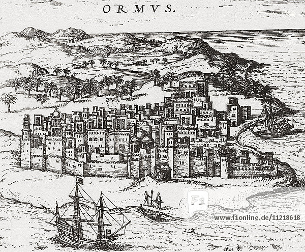 View of The Kingdom of Ormus  aka Ohrmuzd  Hormuz  and Ohrmazd. After the engraving from H. Braun's Civitates Orbis Terrarum  1588-1594. From British Merchant Adventurers  published 1942.